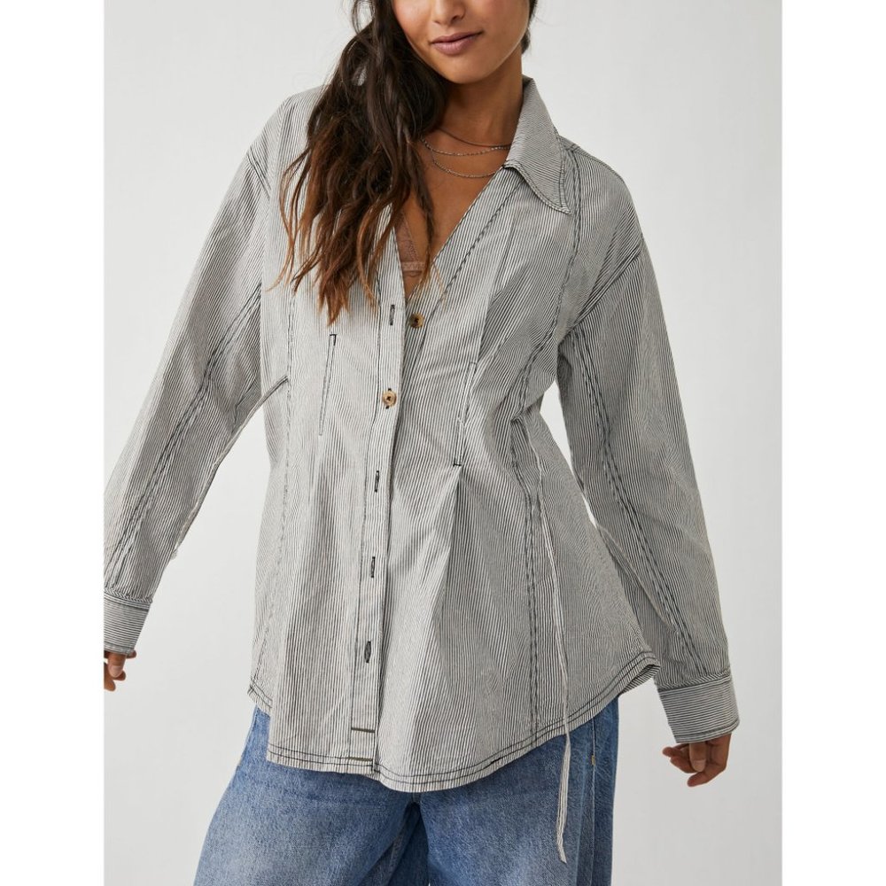 FREE PEOPLE Marten Oxford Stripe Top / Black Combo